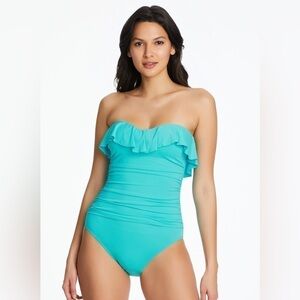 Bleu by Rod Beattie Shirred Ruffle Bandeau Mio One-Piece Swimsuit Wave runner 10